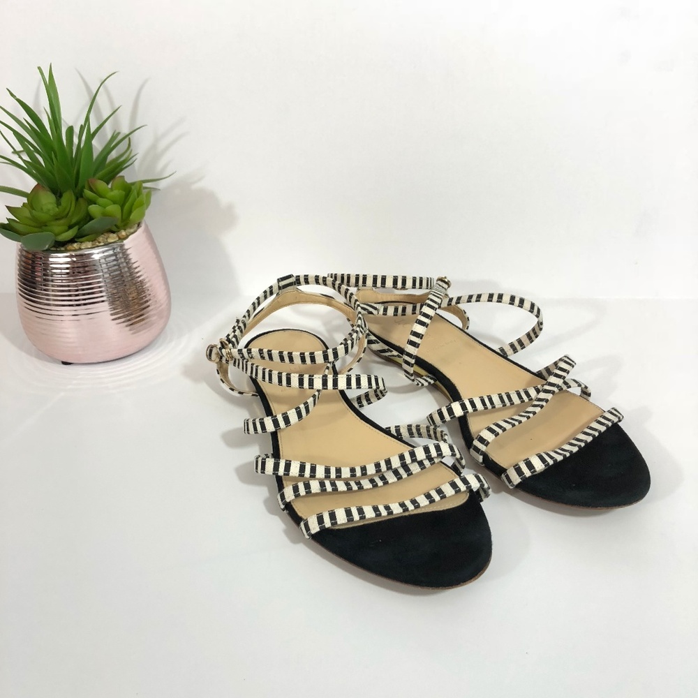 J. Crew Italy Leather Striped Sandals Gold Wedge